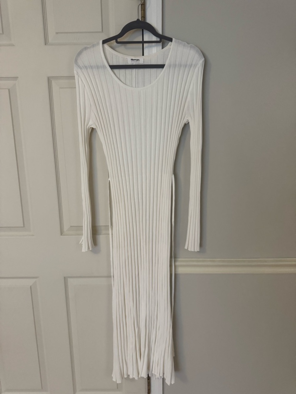 Showpo Cream Ribbed Long Sleeve Maxi Dress